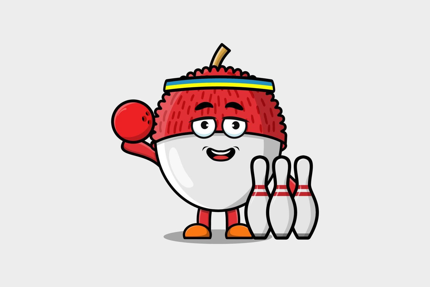 Cute cartoon Lychee character playing bowling vector