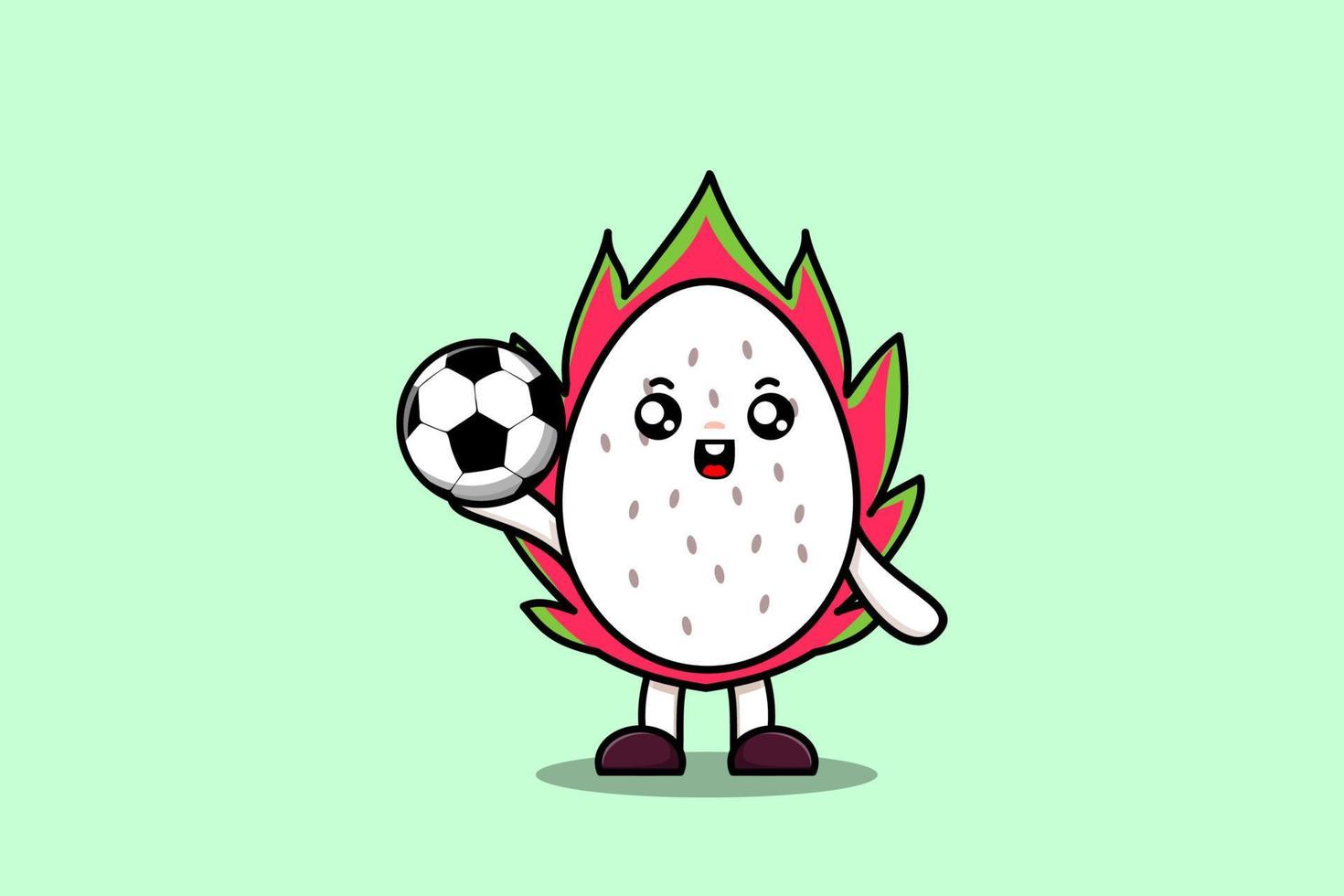 personaje de fruta de dragón de dibujos animados lindo jugar fútbol vector