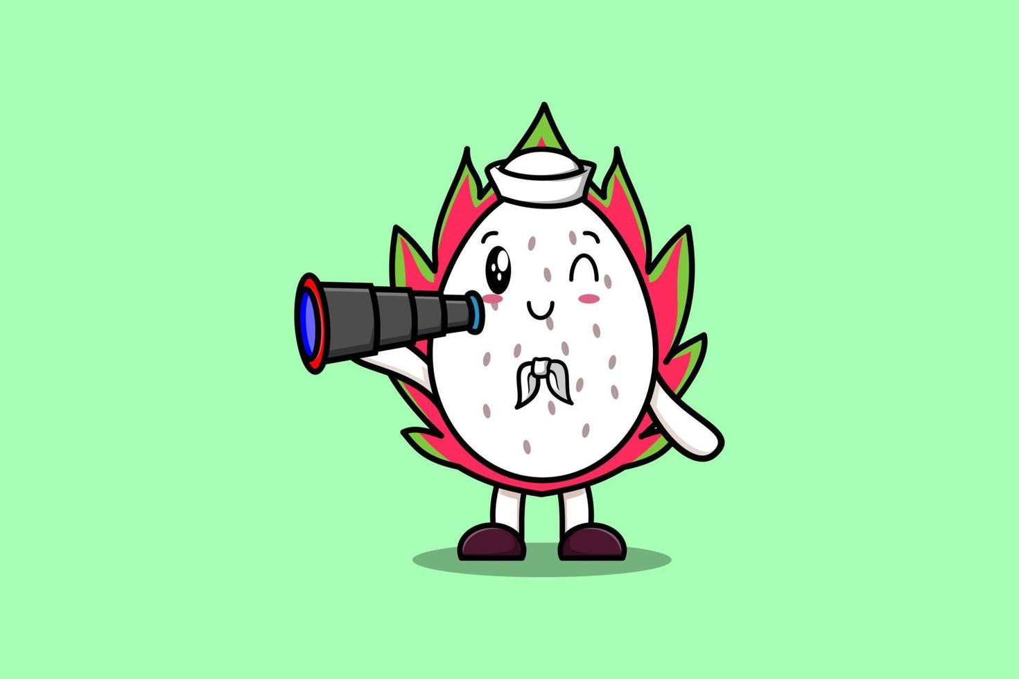 marinero de dibujos animados lindo dragon fruit usando binocular vector