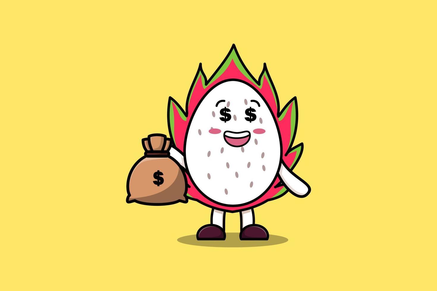 Cartoon Crazy rich Dragon fruit with money bag vector
