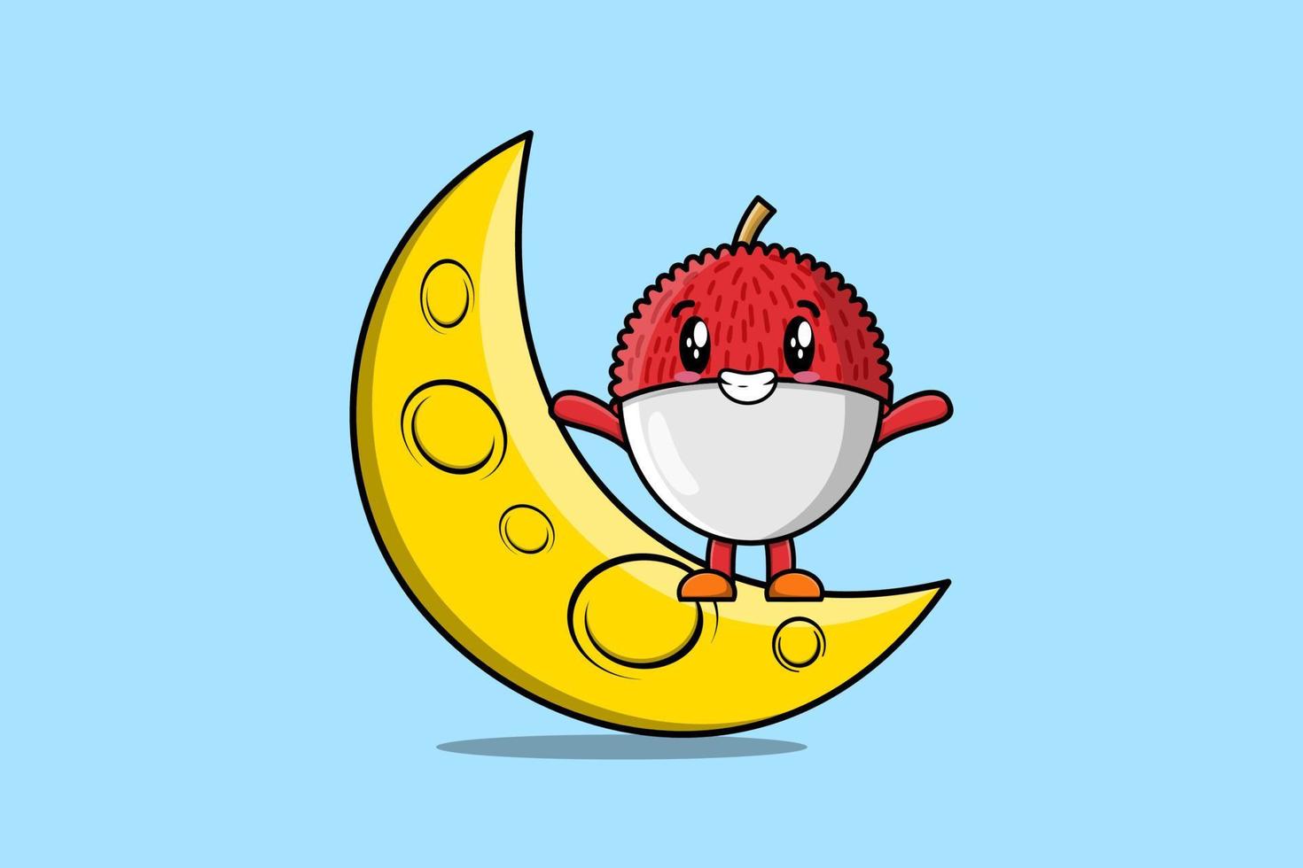 Cute cartoon Lychee standing on the crescent moon vector