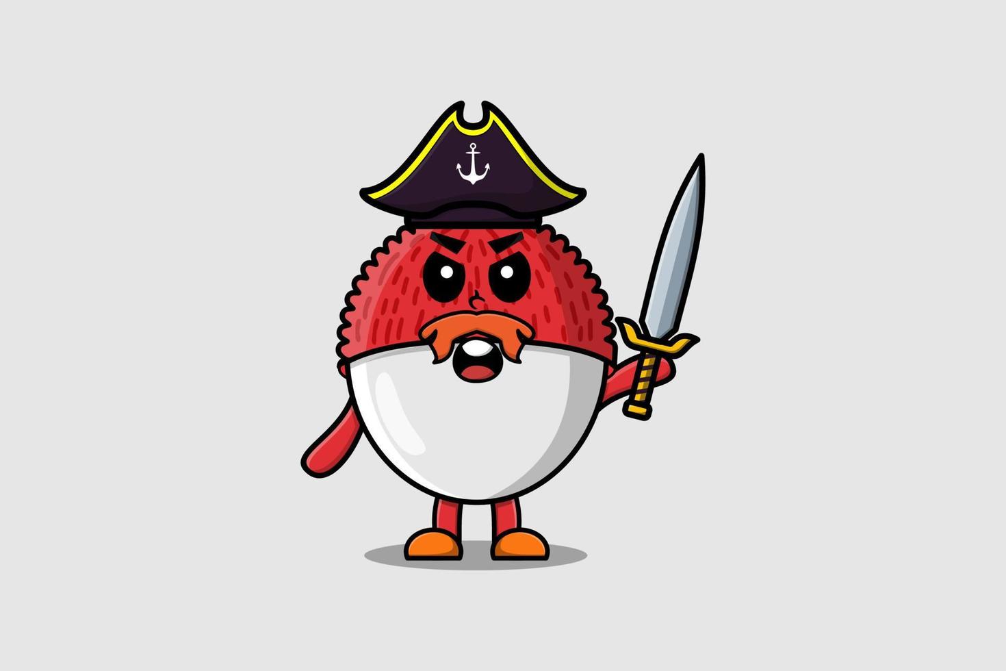 Cute dibujos animados mascota lichi pirata sosteniendo espada vector