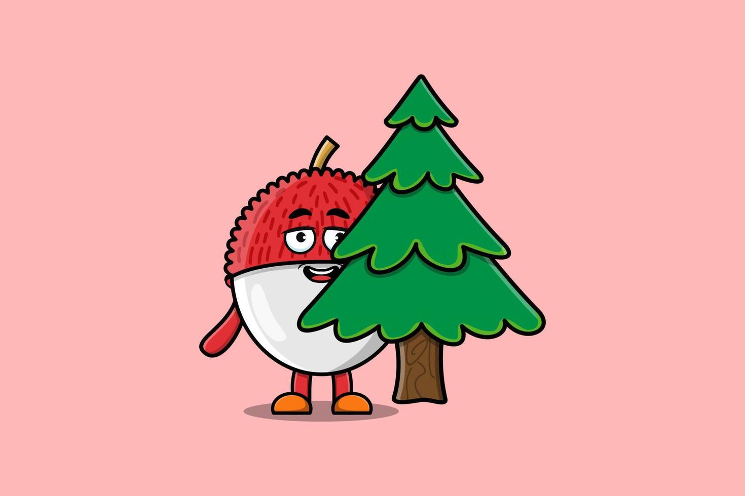 lindo personaje de lichi de dibujos animados árbol escondido vector