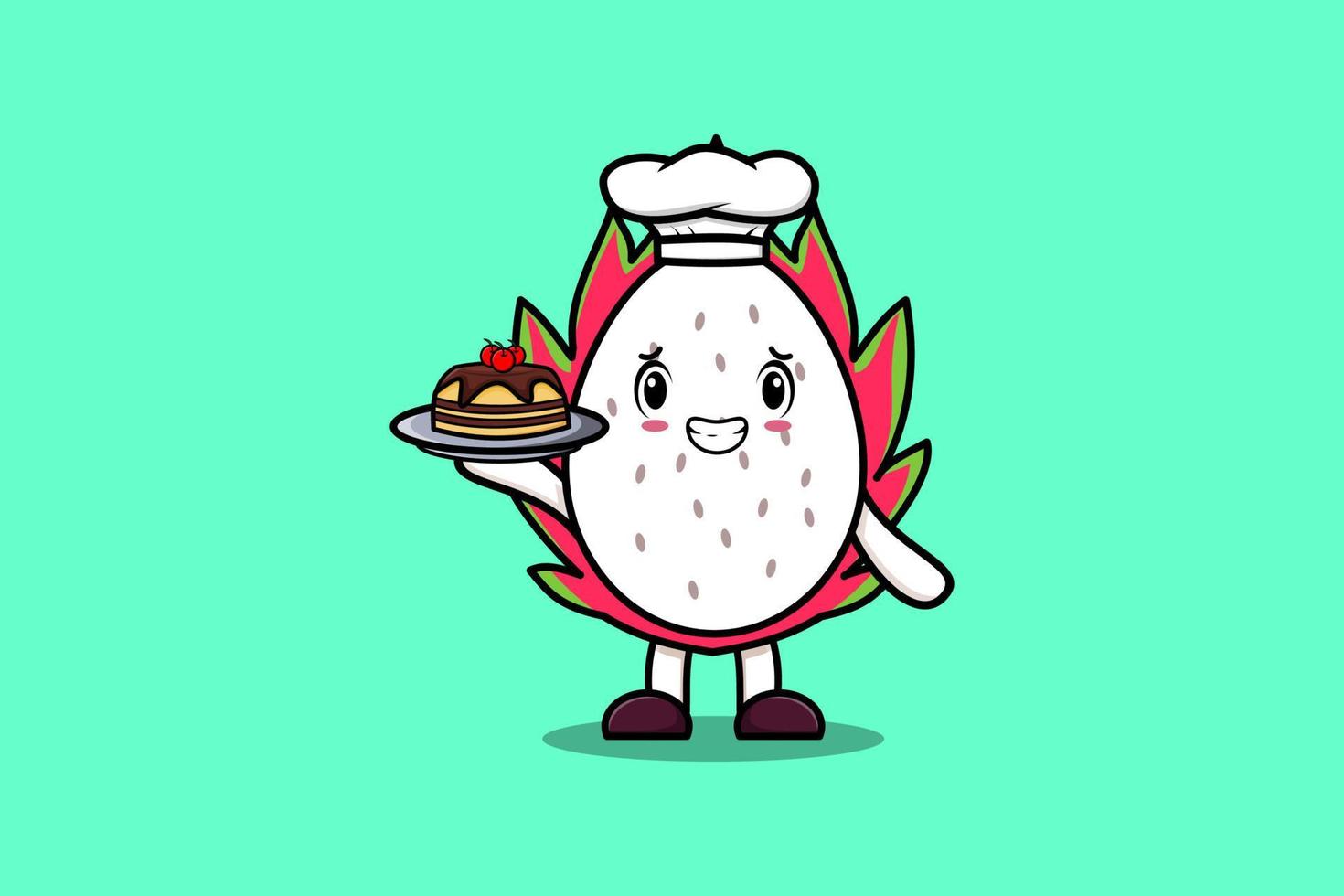 Cute dibujos animados chef dragon fruit servir pastel en bandeja vector