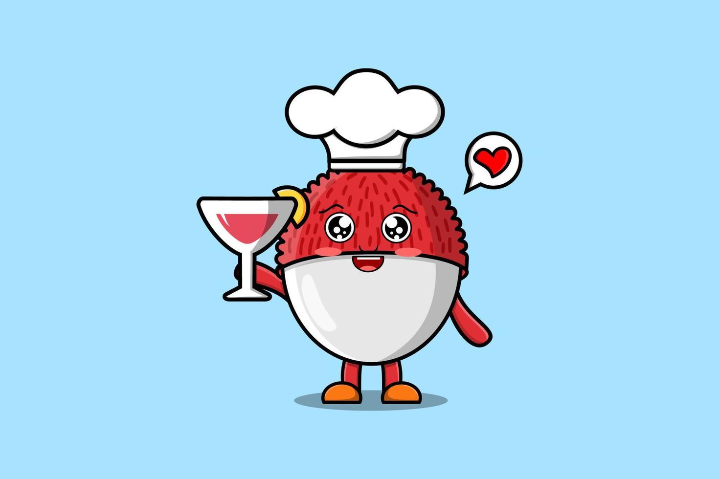 Cute cartoon Lychee chef character hold wine glass vector