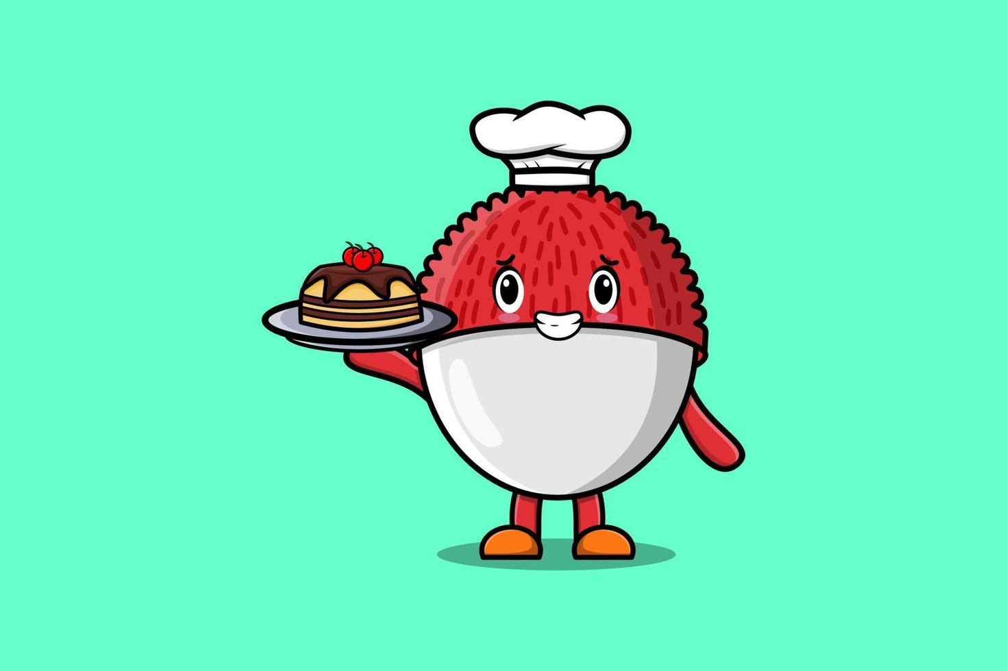 Cute Cartoon chef Lychee serving cake on tray vector