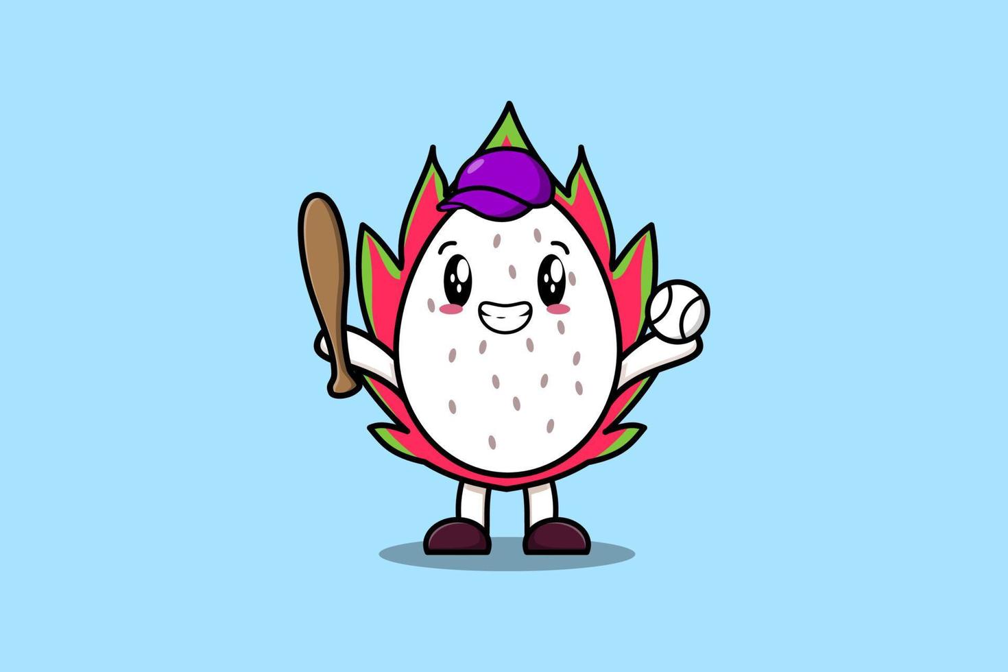 personaje de fruta de dragón de dibujos animados lindo jugar béisbol vector