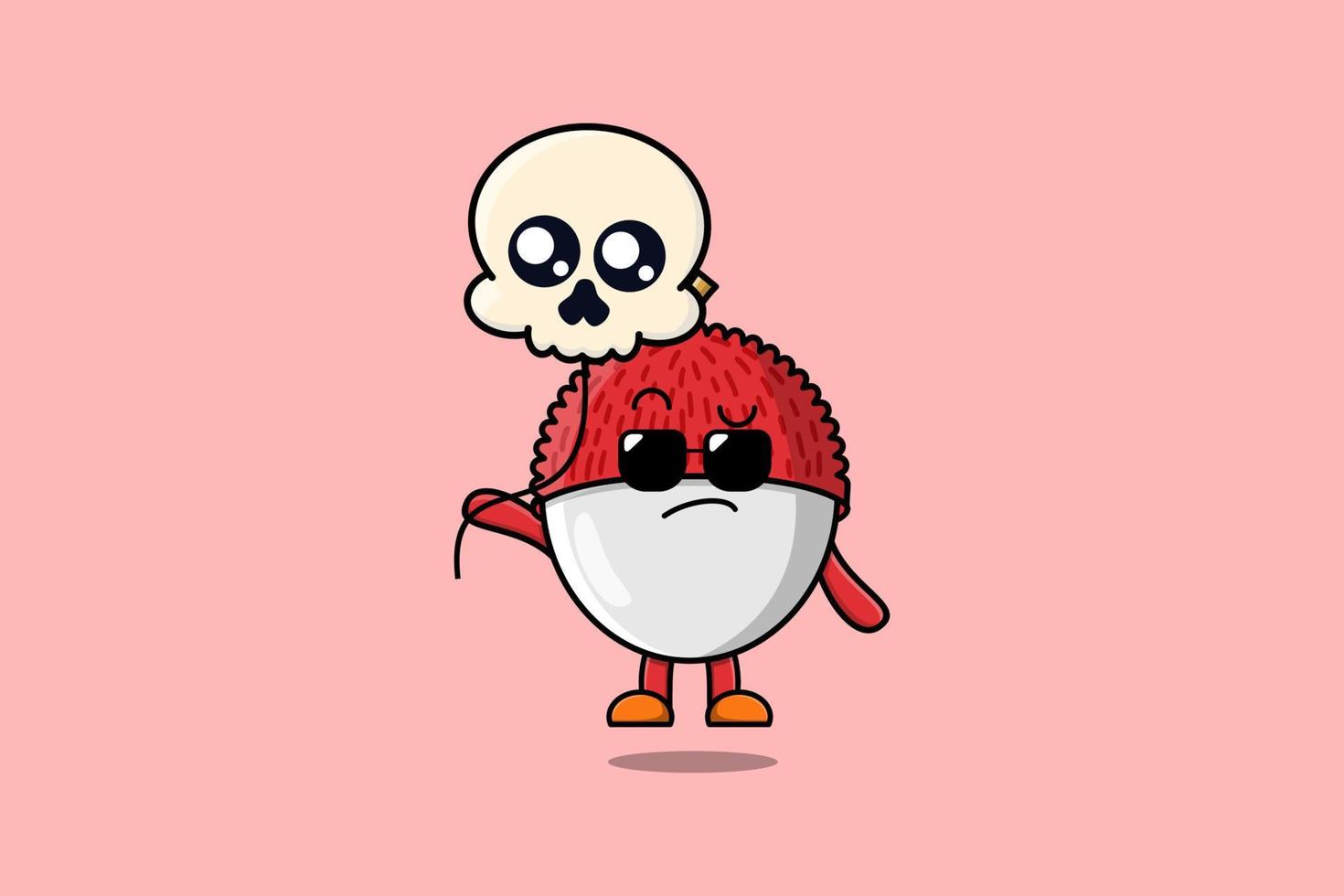 Cute cartoon Lychee floating with skull balloon vector