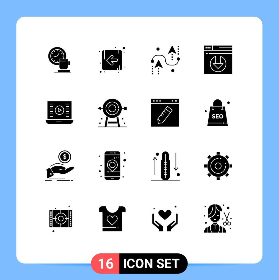 Group of 16 Solid Glyphs Signs and Symbols for media play server download coding server download programing Editable Vector Design Elements