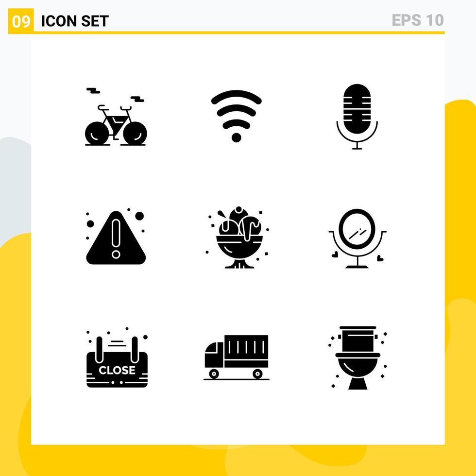 9 User Interface Solid Glyph Pack of modern Signs and Symbols of merroir party microphone ice cream birthday Editable Vector Design Elements