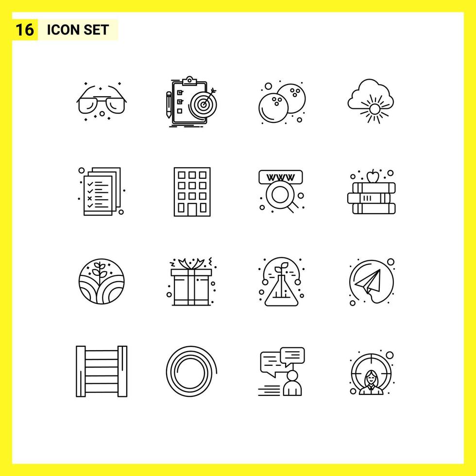 Pack of 16 Modern Outlines Signs and Symbols for Web Print Media such as document sun achievement spring cloud Editable Vector Design Elements