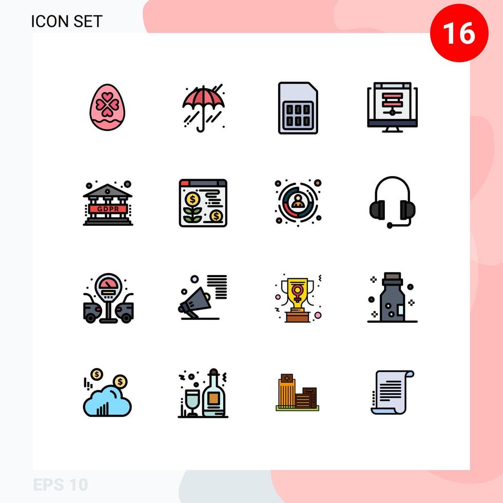 Mobile Interface Flat Color Filled Line Set of 16 Pictograms of data online mobile database cloud Editable Creative Vector Design Elements