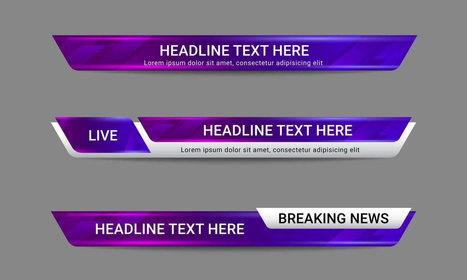 Newscast lower third banner vector. Set of lower third bar templates for breaking news, sports news on television, video and media online vector