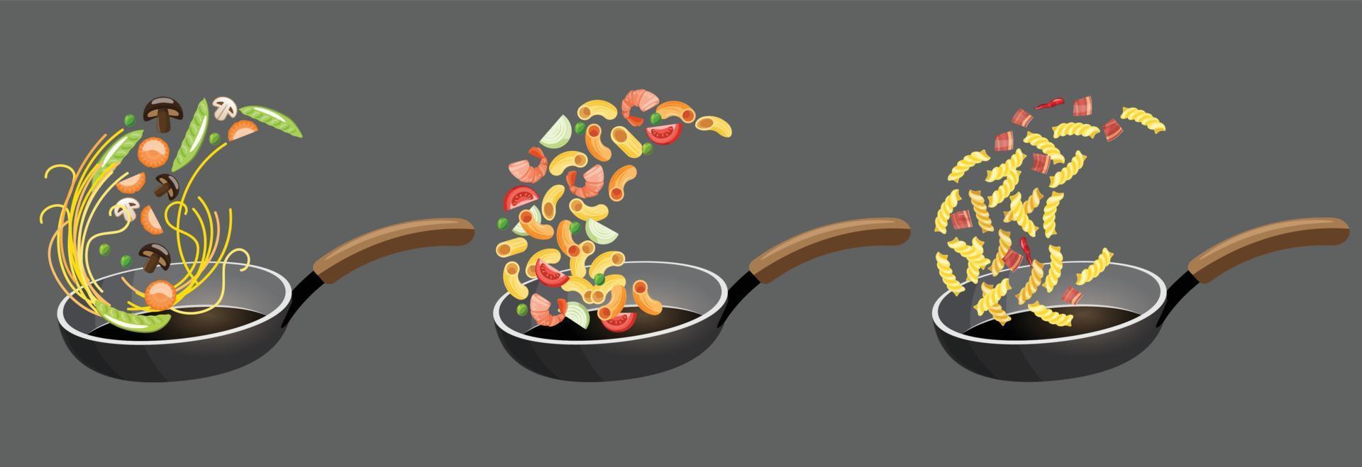 conjunto de pasta cocinada en una sartén ilustración vectorial vector