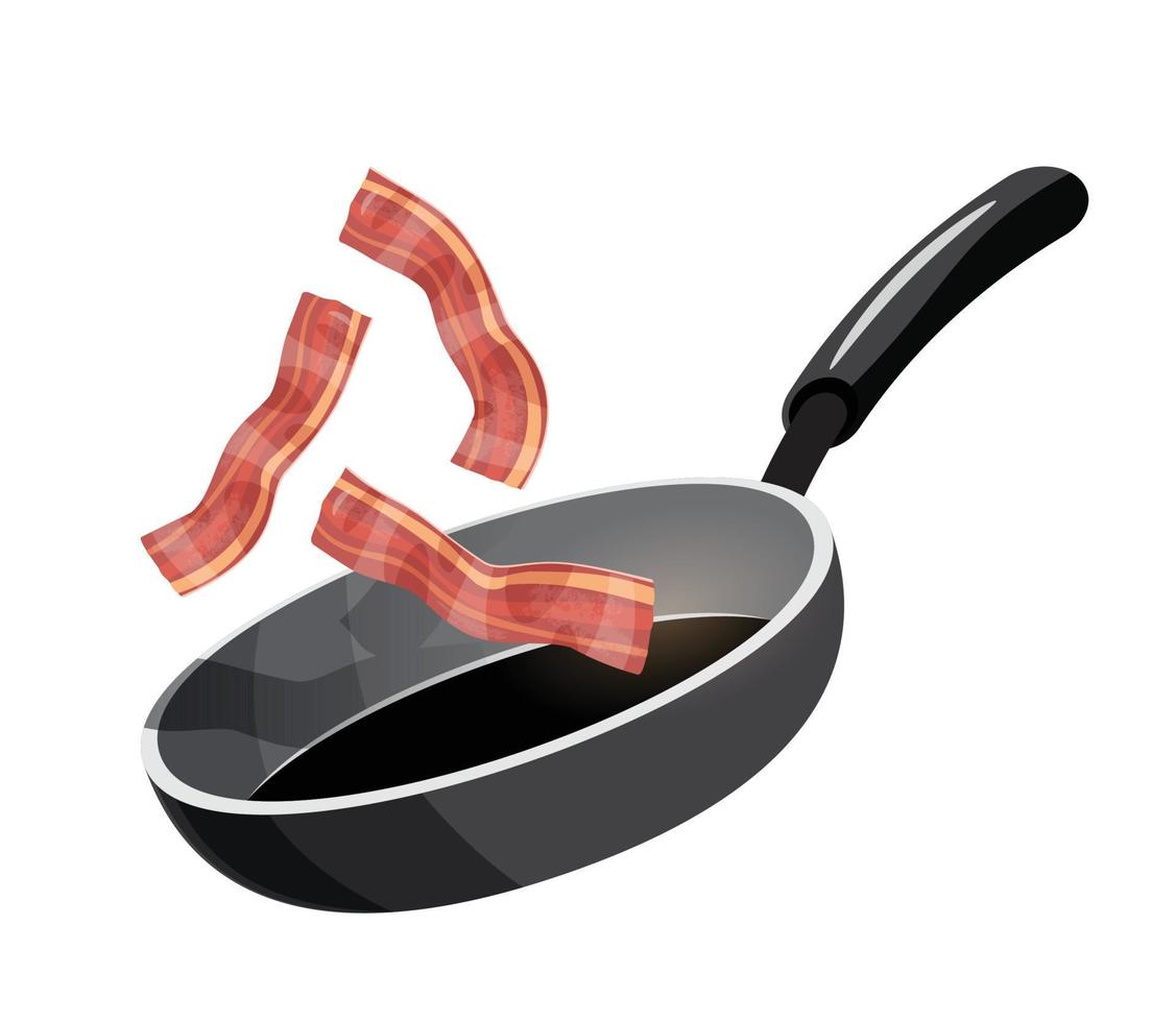 bacon are fried in frying pan vector