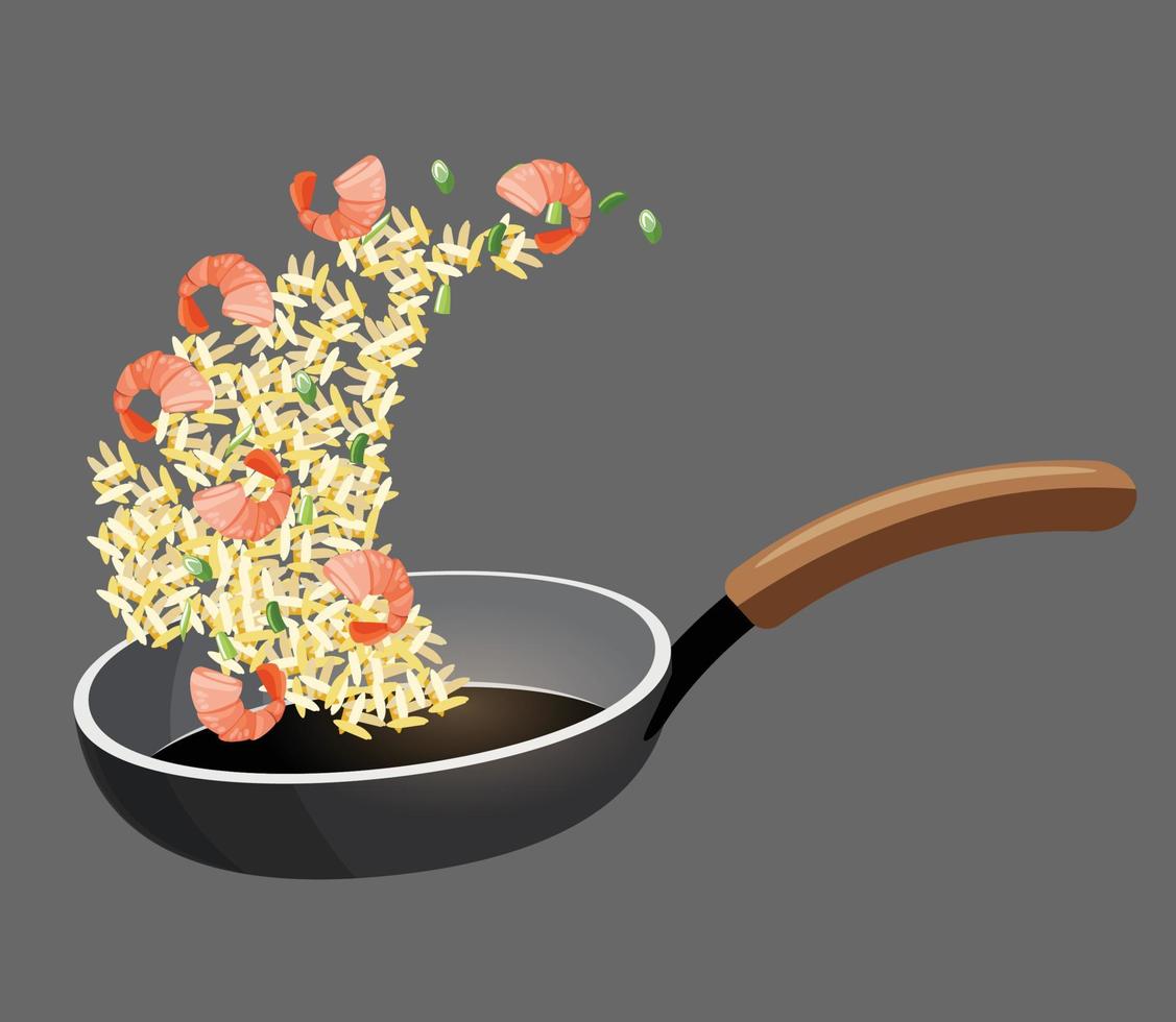 fried rice with shrimp and vegetables in a pan vector illustration