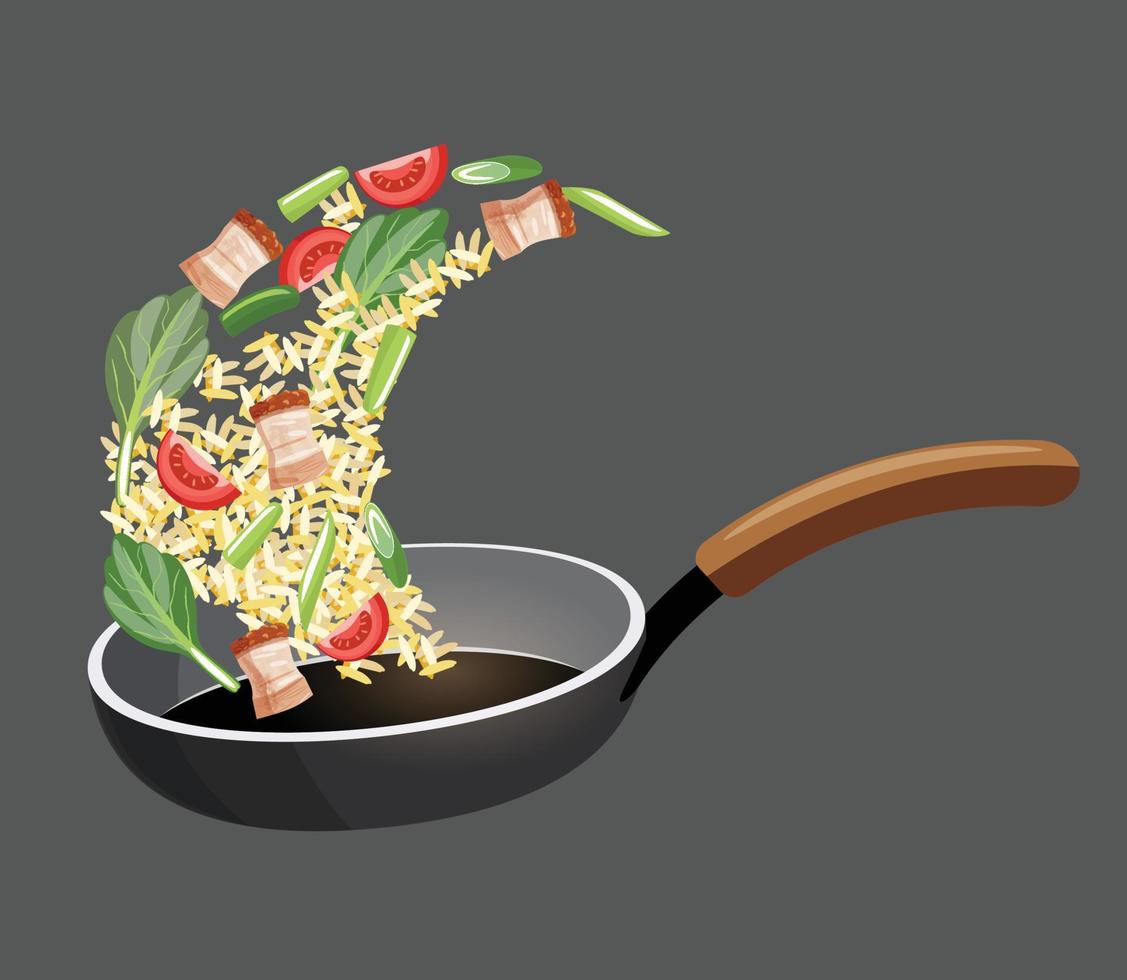 arroz frito con cerdo crujiente y verduras en una ilustración de vector de sartén
