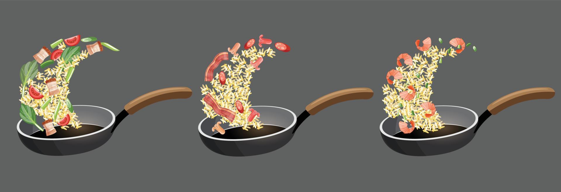 conjunto de cocina de arroz frito en una ilustración de vector de sartén