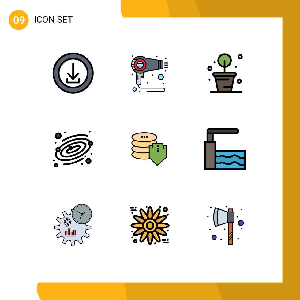 Mobile Interface Filledline Flat Color Set of 9 Pictograms of security shield machine space astronomy Editable Vector Design Elements