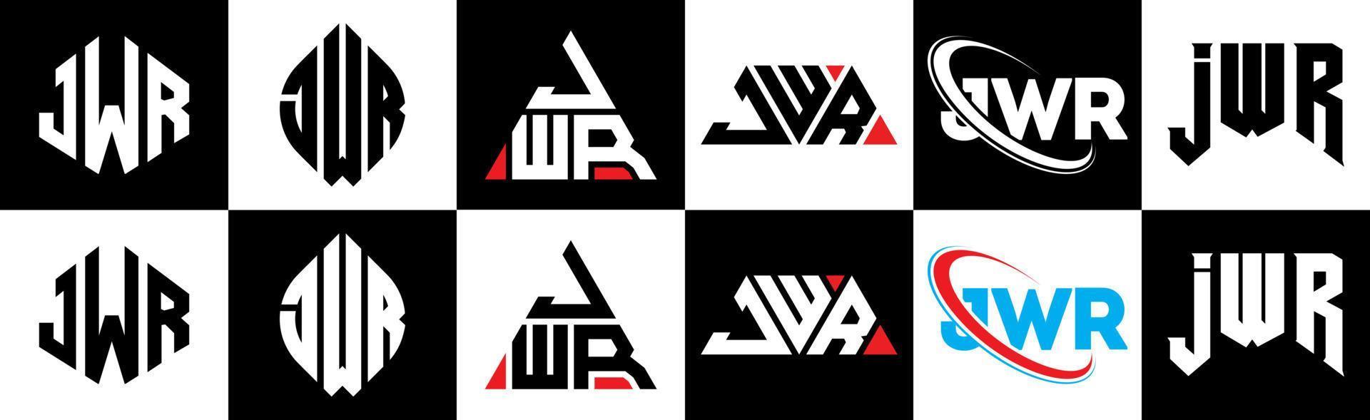 diseño de logotipo de letra jwr en seis estilos. jwr polígono, círculo, triángulo, hexágono, estilo plano y simple con logotipo de letra de variación de color blanco y negro en una mesa de trabajo. logotipo minimalista y clásico de jwr vector