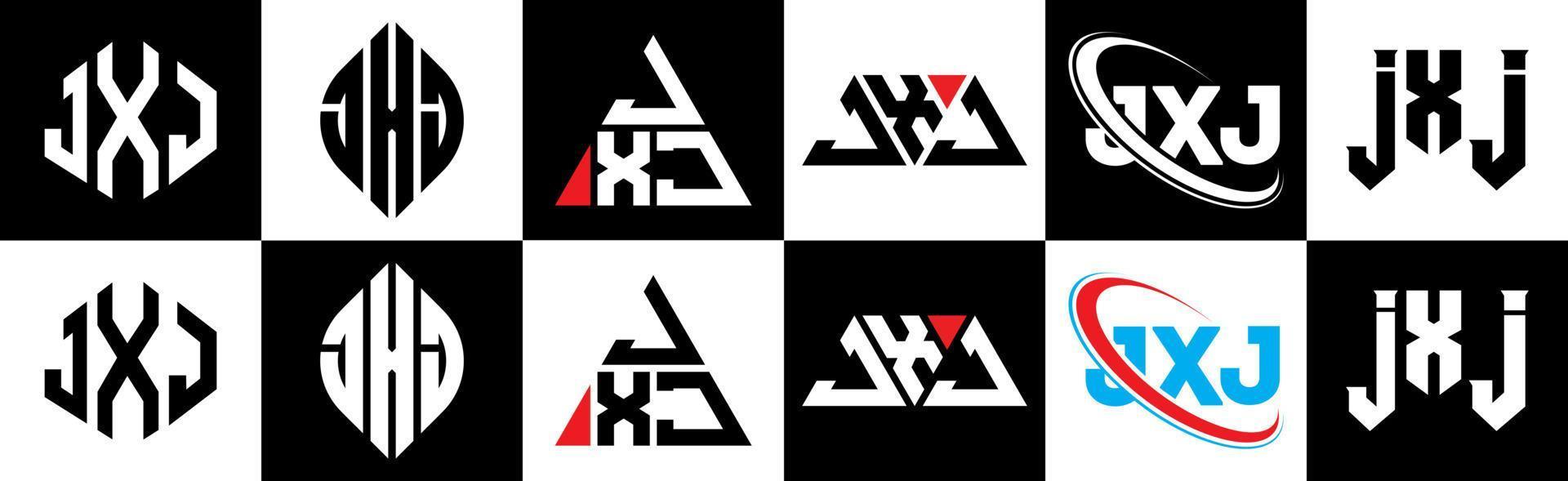 Diseño de logotipo de letra jxj en seis estilos. jxj polígono, círculo, triángulo, hexágono, estilo plano y simple con logotipo de letra de variación de color blanco y negro en una mesa de trabajo. logotipo minimalista y clásico de jxj vector