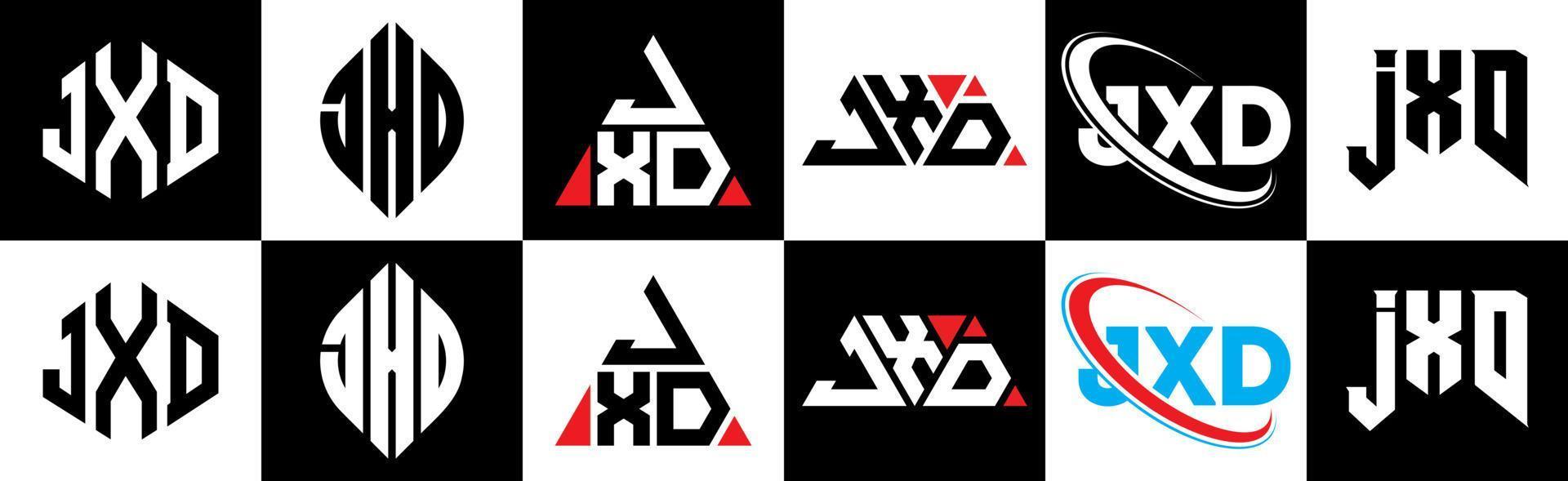 JXD letter logo design in six style. JXD polygon, circle, triangle, hexagon, flat and simple style with black and white color variation letter logo set in one artboard. JXD minimalist and classic logo vector