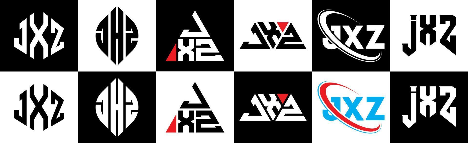 Diseño de logotipo de letra jxz en seis estilos. jxz polígono, círculo, triángulo, hexágono, estilo plano y simple con logotipo de letra de variación de color blanco y negro en una mesa de trabajo. jxz logotipo minimalista y clásico vector