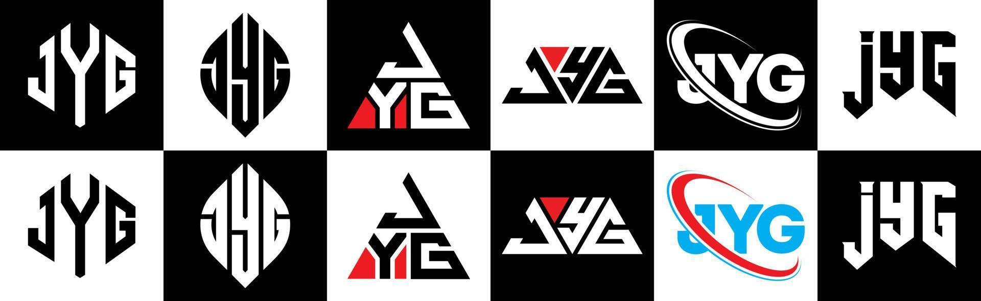 diseño de logotipo de letra jyg en seis estilos. jyg polígono, círculo, triángulo, hexágono, estilo plano y simple con logotipo de letra de variación de color blanco y negro en una mesa de trabajo. jyg logo minimalista y clásico vector