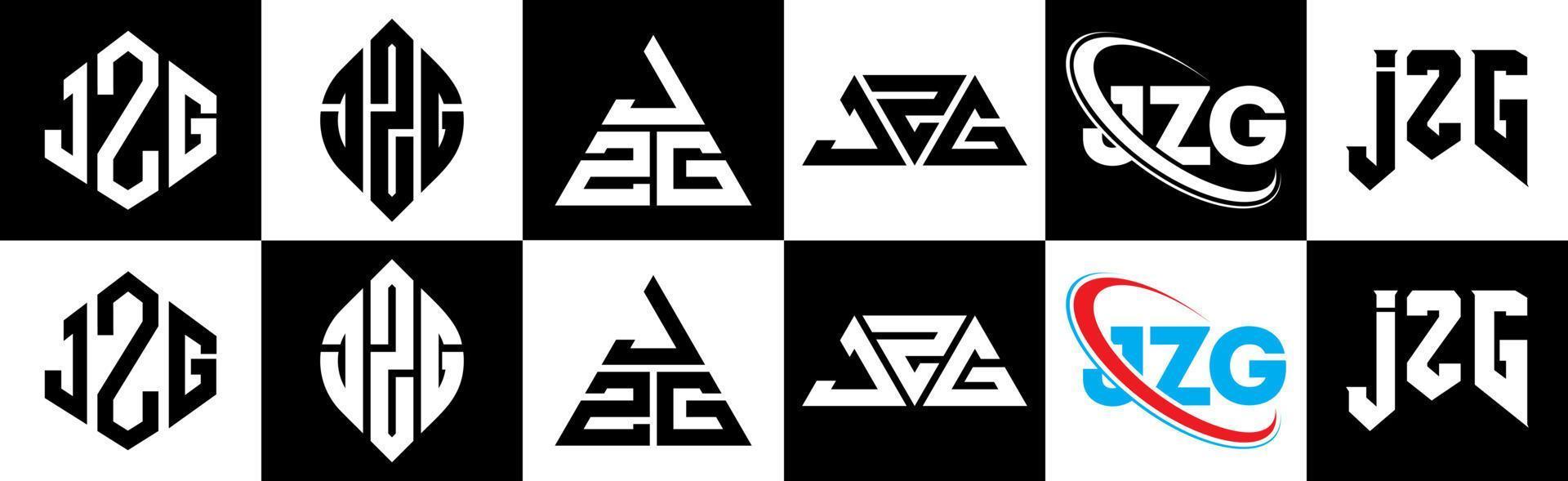 diseño de logotipo de letra jzg en seis estilos. jzg polígono, círculo, triángulo, hexágono, estilo plano y simple con logotipo de letra de variación de color blanco y negro en una mesa de trabajo. logotipo minimalista y clásico jzg vector