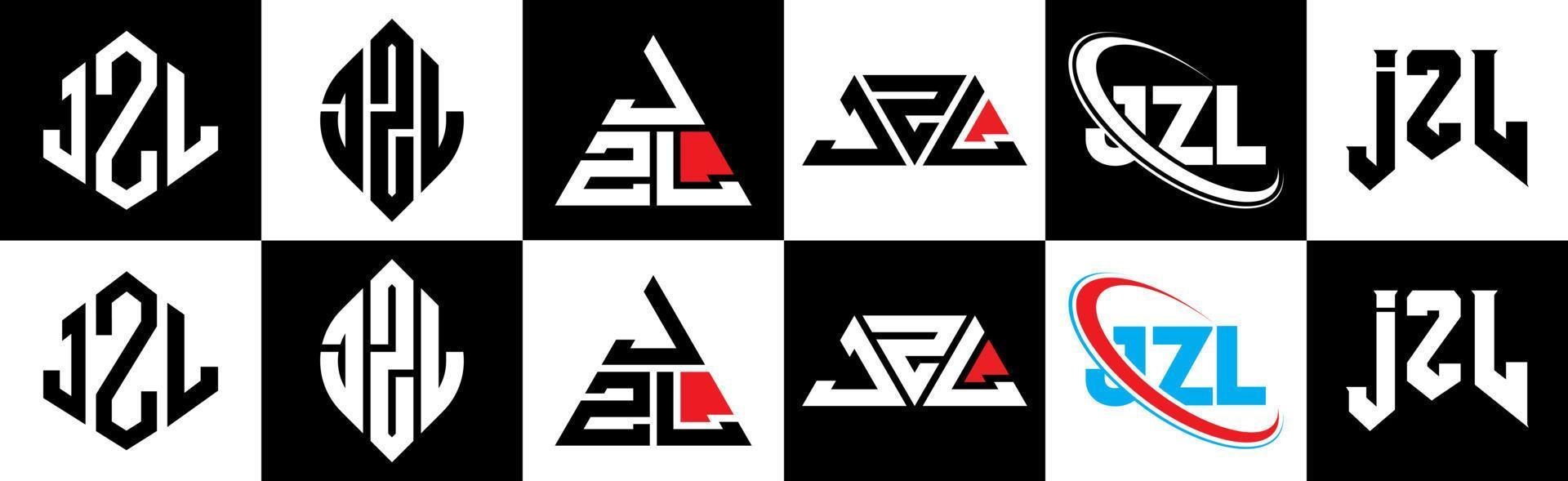 Diseño de logotipo de letra jzl en seis estilos. jzl polígono, círculo, triángulo, hexágono, estilo plano y simple con logotipo de letra de variación de color blanco y negro en una mesa de trabajo. logotipo minimalista y clásico de jzl vector