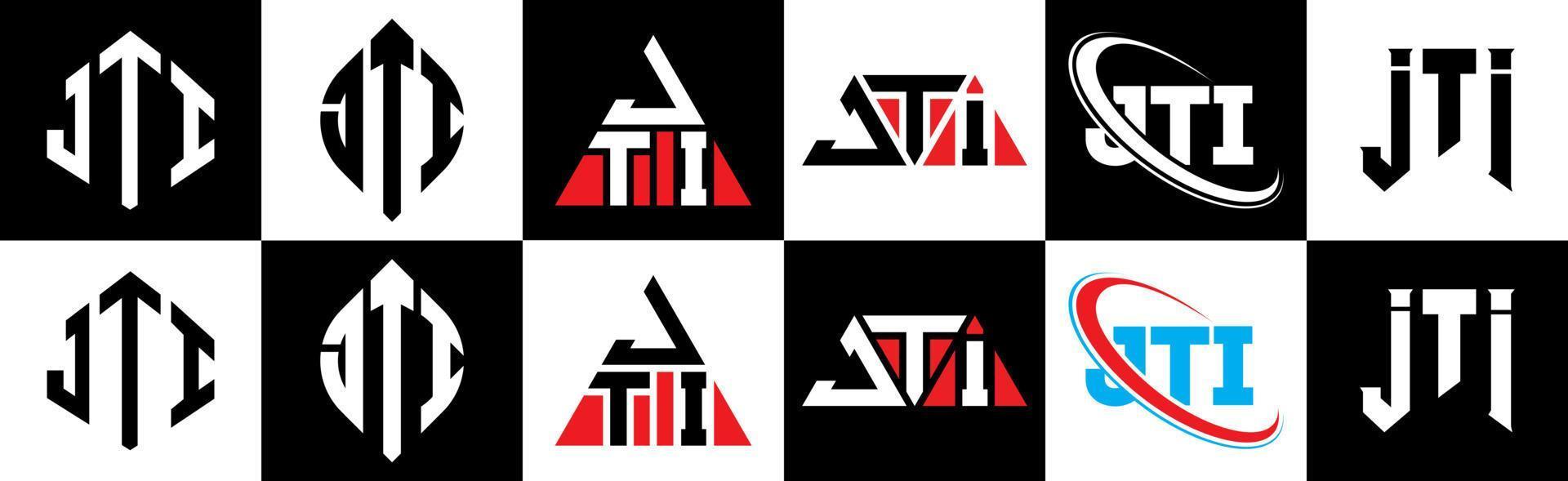 diseño de logotipo de letra jti en seis estilos. jti polígono, círculo, triángulo, hexágono, estilo plano y simple con logotipo de letra de variación de color blanco y negro en una mesa de trabajo. logotipo minimalista y clásico de jti vector