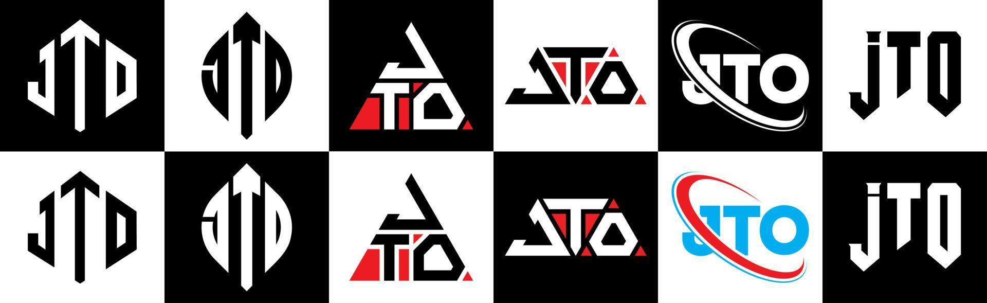 JTO letter logo design in six style. JTO polygon, circle, triangle, hexagon, flat and simple style with black and white color variation letter logo set in one artboard. JTO minimalist and classic logo vector