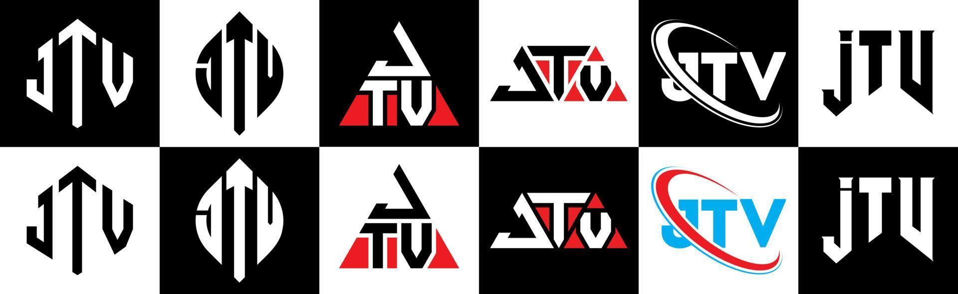 JTV letter logo design in six style. JTV polygon, circle, triangle, hexagon, flat and simple style with black and white color variation letter logo set in one artboard. JTV minimalist and classic logo vector