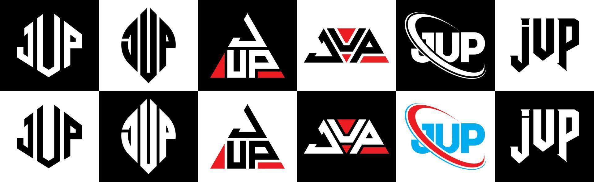 diseño de logotipo de letra jup en seis estilos. jup polígono, círculo, triángulo, hexágono, estilo plano y simple con logotipo de letra de variación de color blanco y negro en una mesa de trabajo. logotipo minimalista y clásico de jup vector