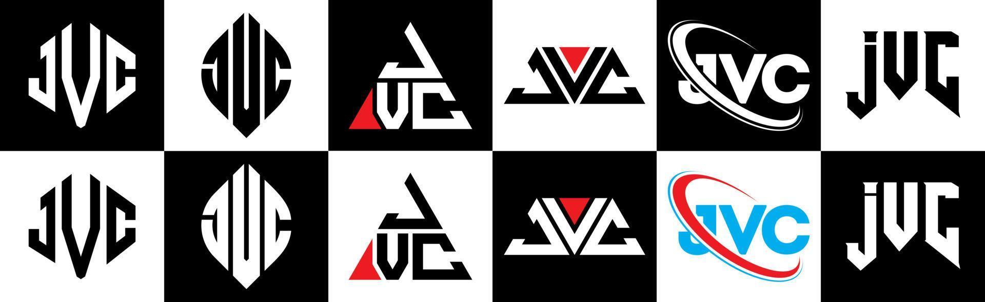 Diseño de logotipo de letra jvc en seis estilos. jvc polígono, círculo, triángulo, hexágono, estilo plano y simple con logotipo de letra de variación de color blanco y negro en una mesa de trabajo. logotipo minimalista y clásico de jvc vector