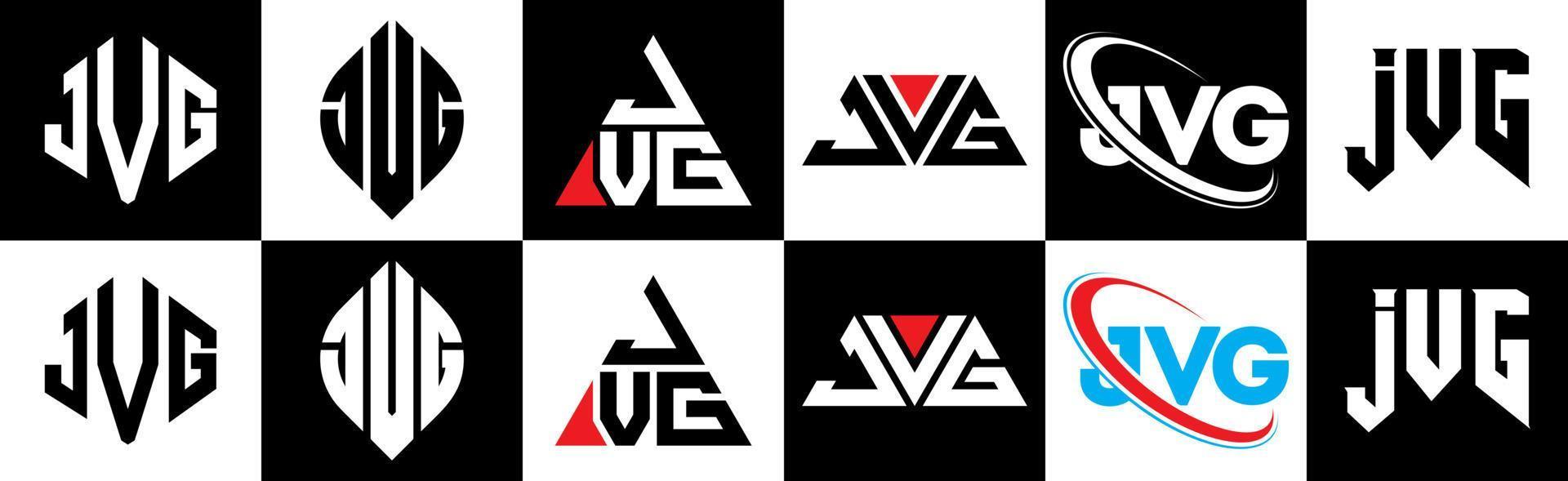 diseño de logotipo de letra jvg en seis estilos. jvg polígono, círculo, triángulo, hexágono, estilo plano y simple con logotipo de letra de variación de color blanco y negro en una mesa de trabajo. jvg logotipo minimalista y clásico vector