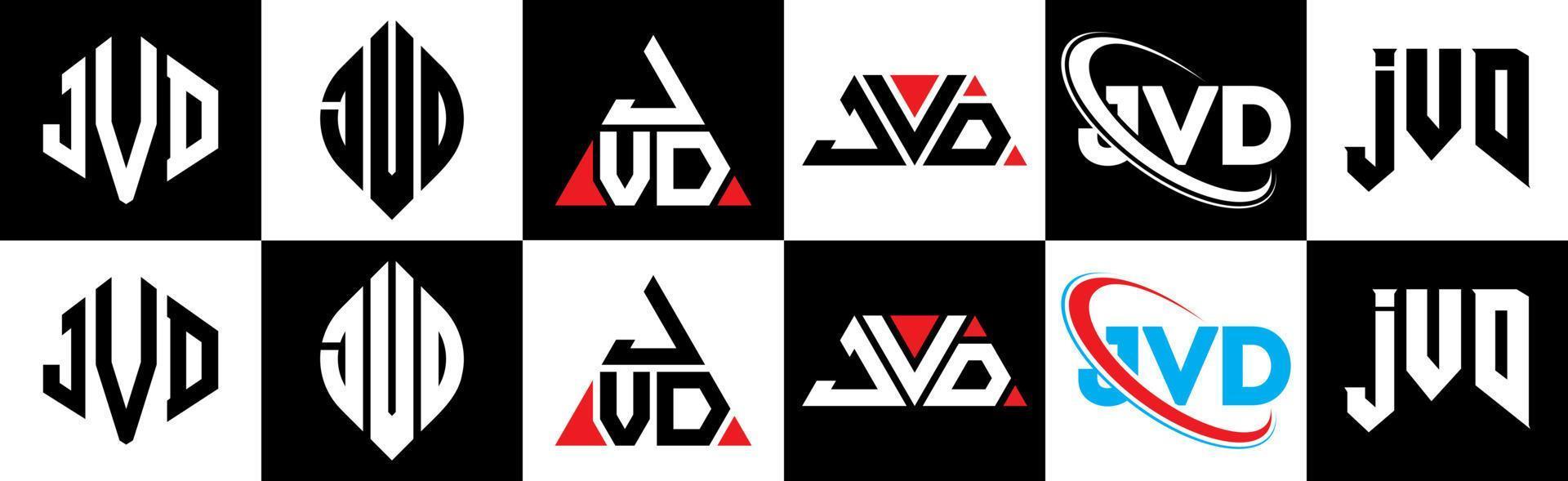 JVD letter logo design in six style. JVD polygon, circle, triangle, hexagon, flat and simple style with black and white color variation letter logo set in one artboard. JVD minimalist and classic logo vector