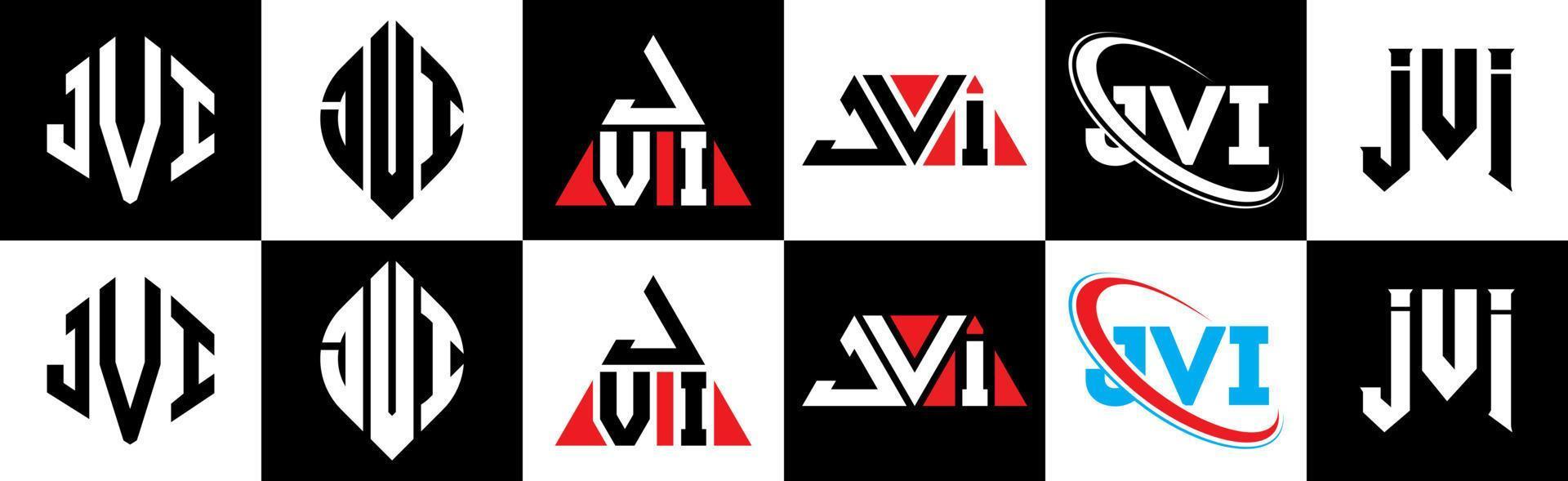JVI letter logo design in six style. JVI polygon, circle, triangle, hexagon, flat and simple style with black and white color variation letter logo set in one artboard. JVI minimalist and classic logo vector
