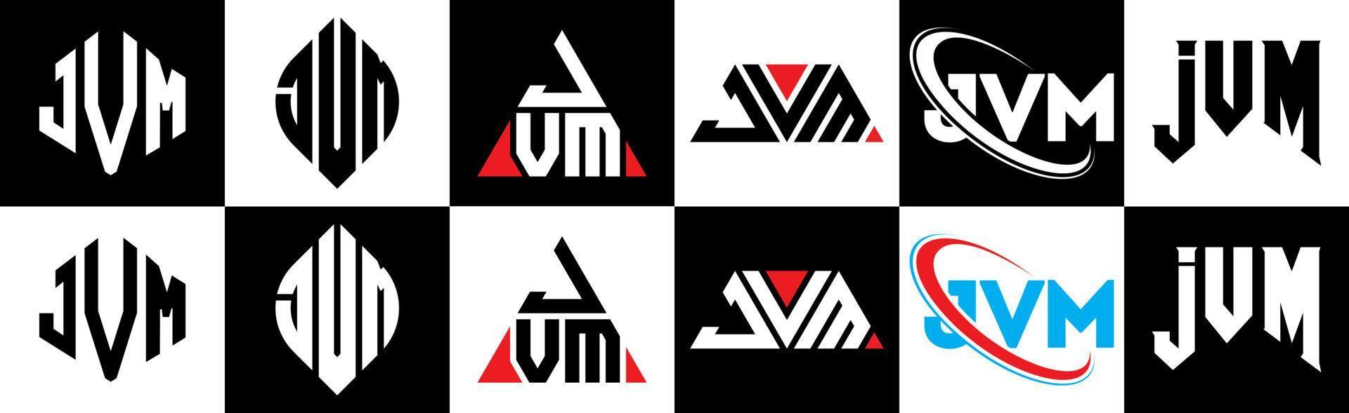 JVM letter logo design in six style. JVM polygon, circle, triangle, hexagon, flat and simple style with black and white color variation letter logo set in one artboard. JVM minimalist and classic logo vector