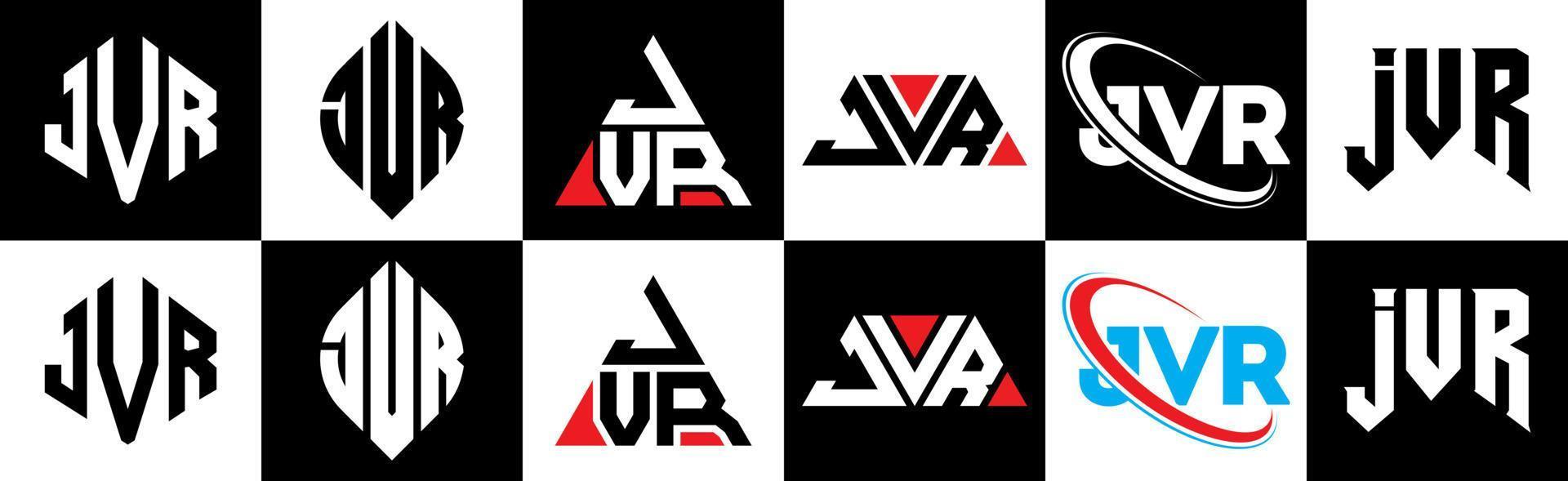 Diseño de logotipo de letra jvr en seis estilos. jvr polígono, círculo, triángulo, hexágono, estilo plano y simple con logotipo de letra de variación de color blanco y negro en una mesa de trabajo. jvr logotipo minimalista y clásico vector