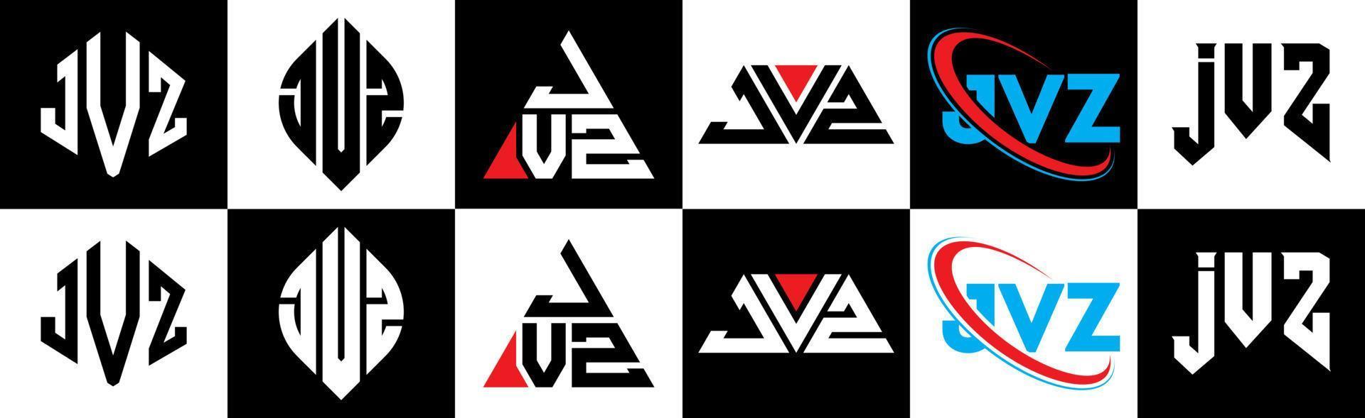 Diseño de logotipo de letra jvz en seis estilos. jvz polígono, círculo, triángulo, hexágono, estilo plano y simple con logotipo de letra de variación de color blanco y negro en una mesa de trabajo. logotipo minimalista y clásico de jvz vector