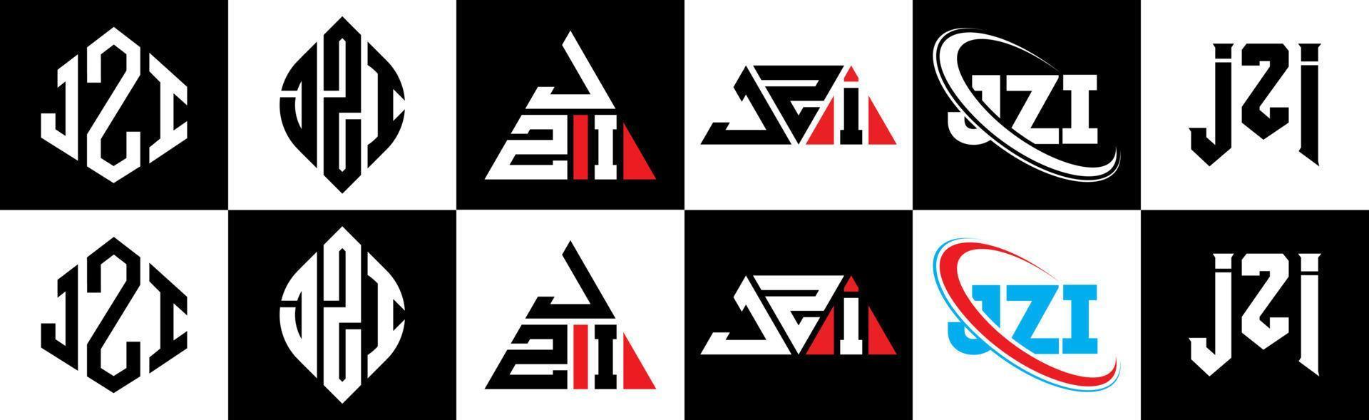 JZI letter logo design in six style. JZI polygon, circle, triangle, hexagon, flat and simple style with black and white color variation letter logo set in one artboard. JZI minimalist and classic logo vector