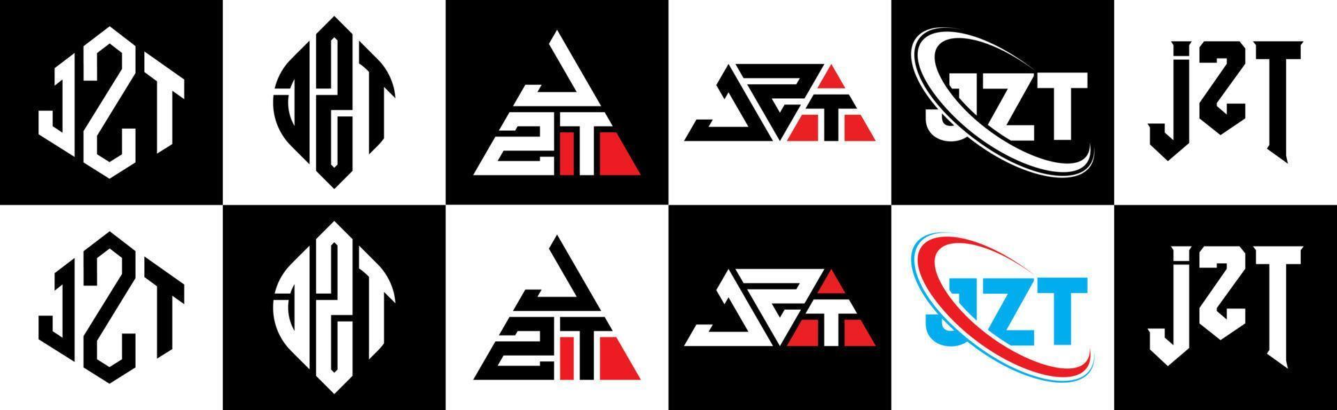 JZT letter logo design in six style. JZT polygon, circle, triangle, hexagon, flat and simple style with black and white color variation letter logo set in one artboard. JZT minimalist and classic logo vector