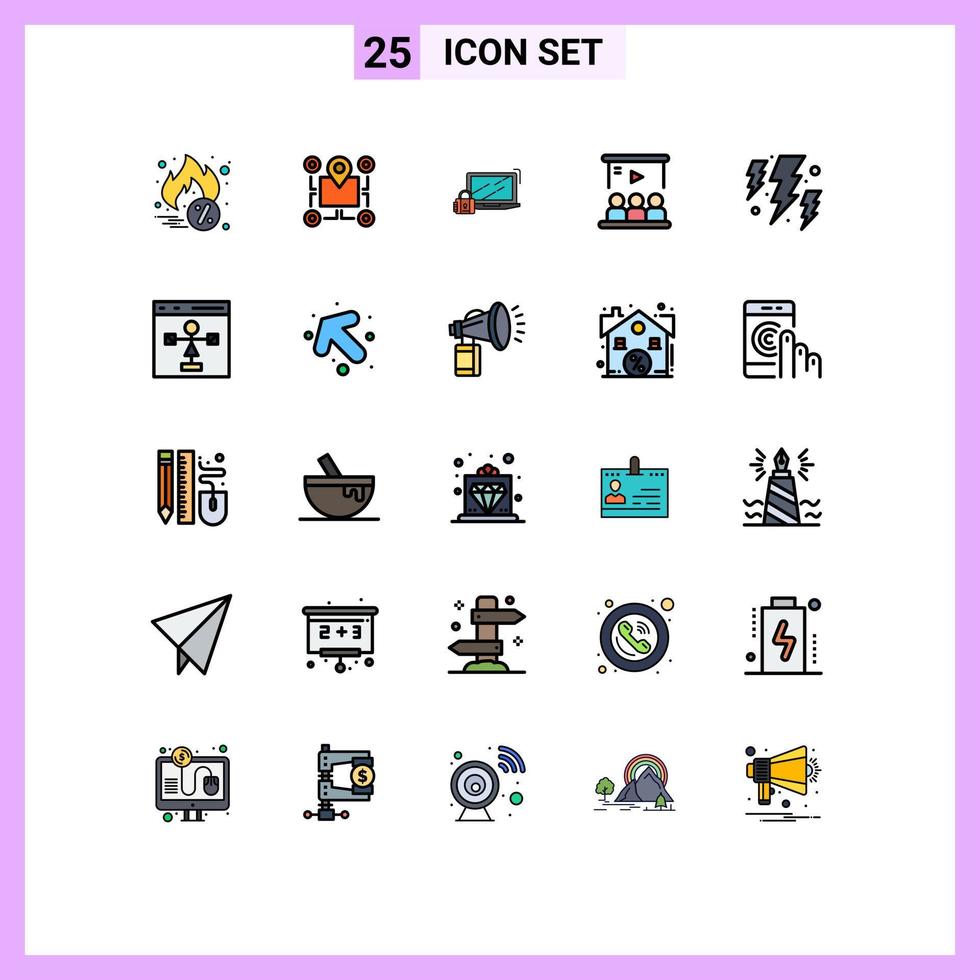 grupo de 25 signos y símbolos de colores planos de línea rellena para elementos de diseño vectorial editables de inicio de sesión de video de computadora de tutorial de usuario vector