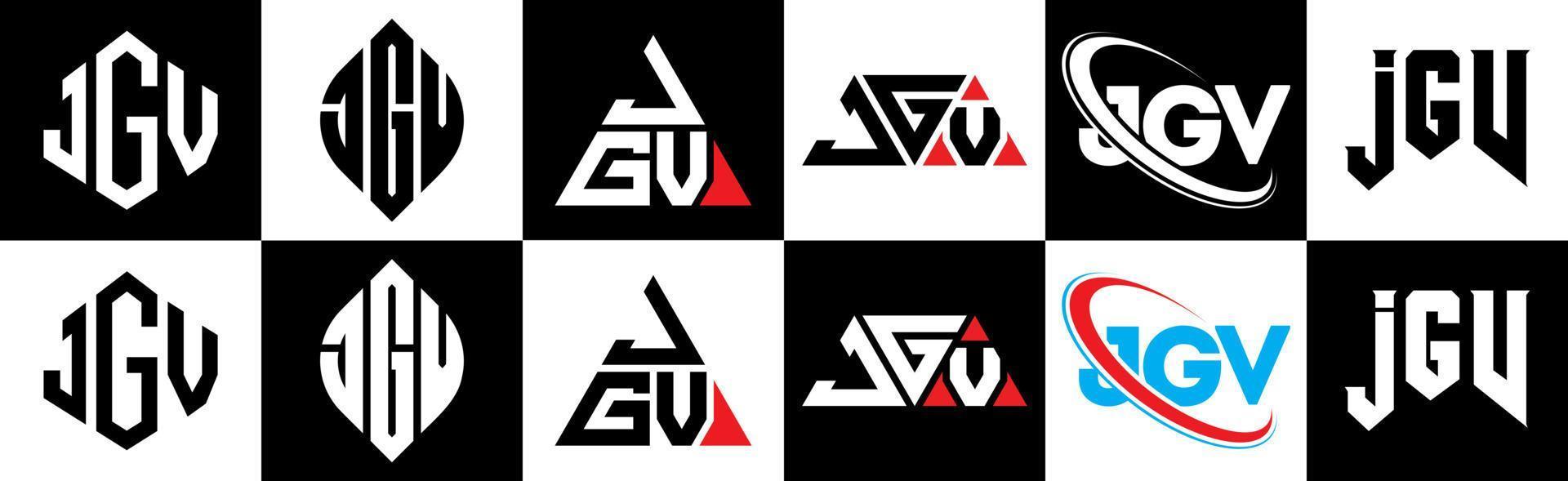 JGV letter logo design in six style. JGV polygon, circle, triangle, hexagon, flat and simple style with black and white color variation letter logo set in one artboard. JGV minimalist and classic logo vector
