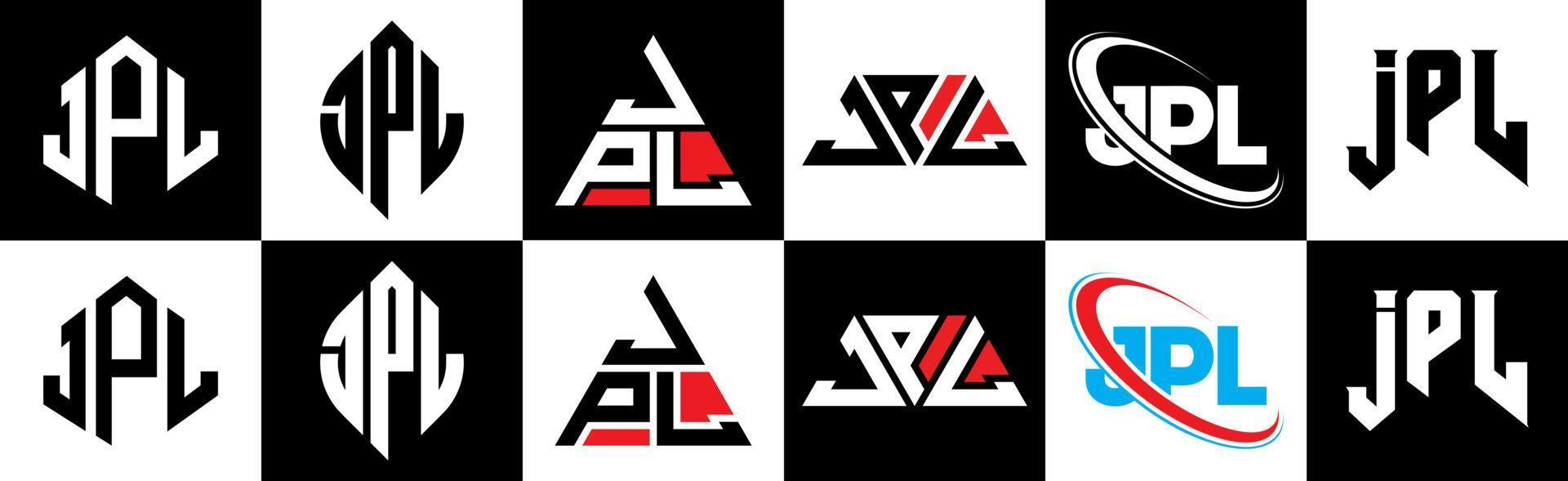 JPL letter logo design in six style. JPL polygon, circle, triangle, hexagon, flat and simple style with black and white color variation letter logo set in one artboard. JPL minimalist and classic logo vector