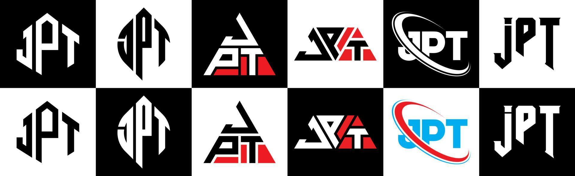 diseño de logotipo de letra jpt en seis estilos. jpt polígono, círculo, triángulo, hexágono, estilo plano y simple con logotipo de letra de variación de color blanco y negro en una mesa de trabajo. jpt logotipo minimalista y clásico vector