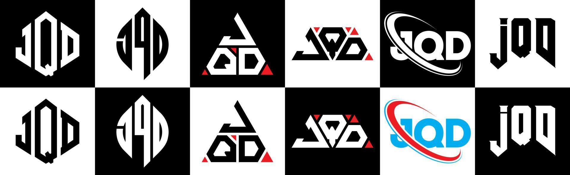 JQD letter logo design in six style. JQD polygon, circle, triangle, hexagon, flat and simple style with black and white color variation letter logo set in one artboard. JQD minimalist and classic logo vector