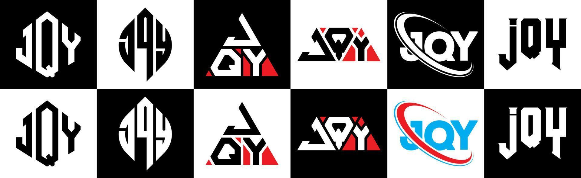 Diseño de logotipo de letra jqy en seis estilos. jqy polígono, círculo, triángulo, hexágono, estilo plano y simple con logotipo de letra de variación de color blanco y negro en una mesa de trabajo. logotipo jqy minimalista y clásico vector