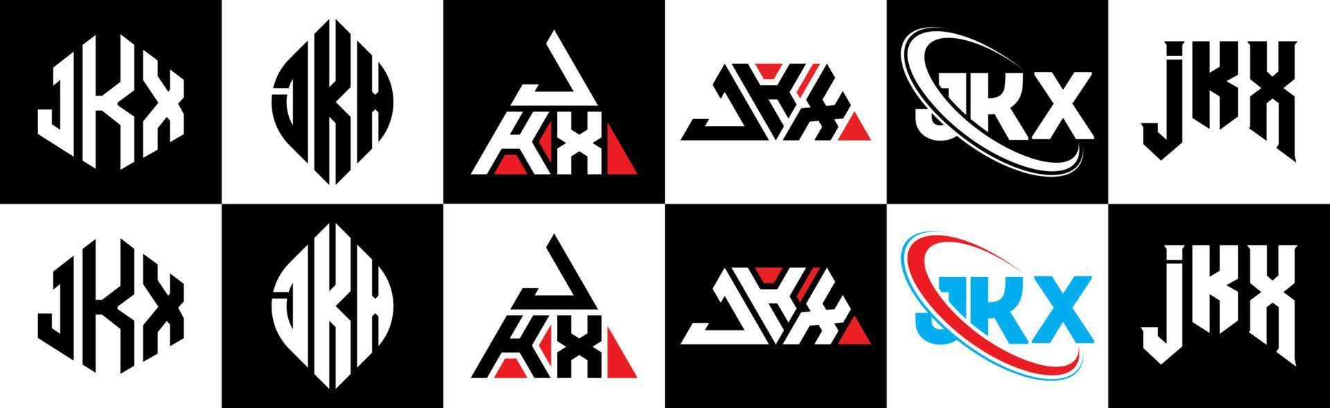 JKX letter logo design in six style. JKX polygon, circle, triangle, hexagon, flat and simple style with black and white color variation letter logo set in one artboard. JKX minimalist and classic logo vector